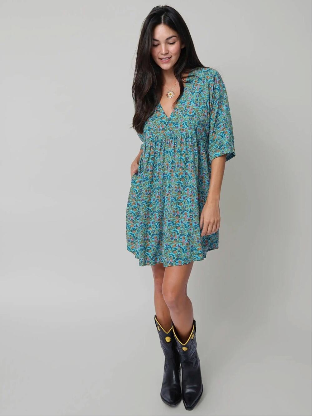 Natural Life Stella V-Neck Dress Womens Large Turquoise Ditsy Vine Boho Festival